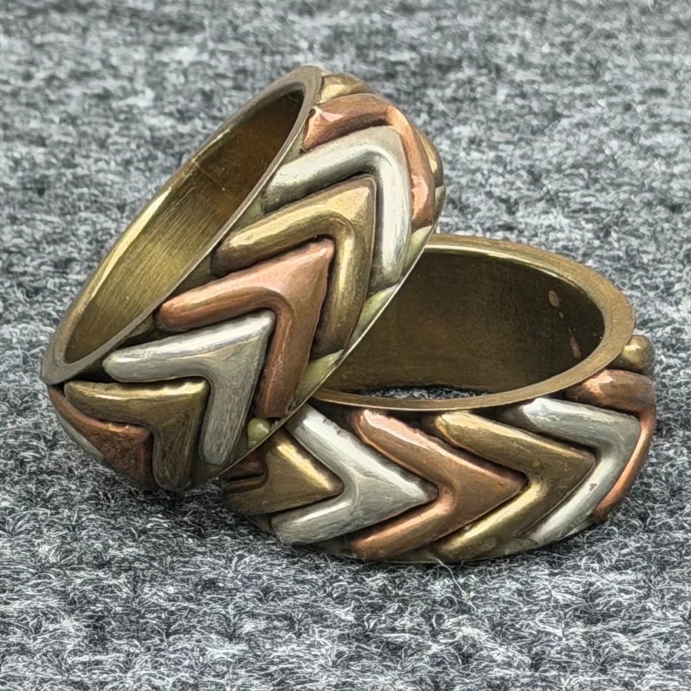 Vintage Tricolor Mixed Metal Napkin Rings 2 Chevron Boho Gold Copper Silver Tone